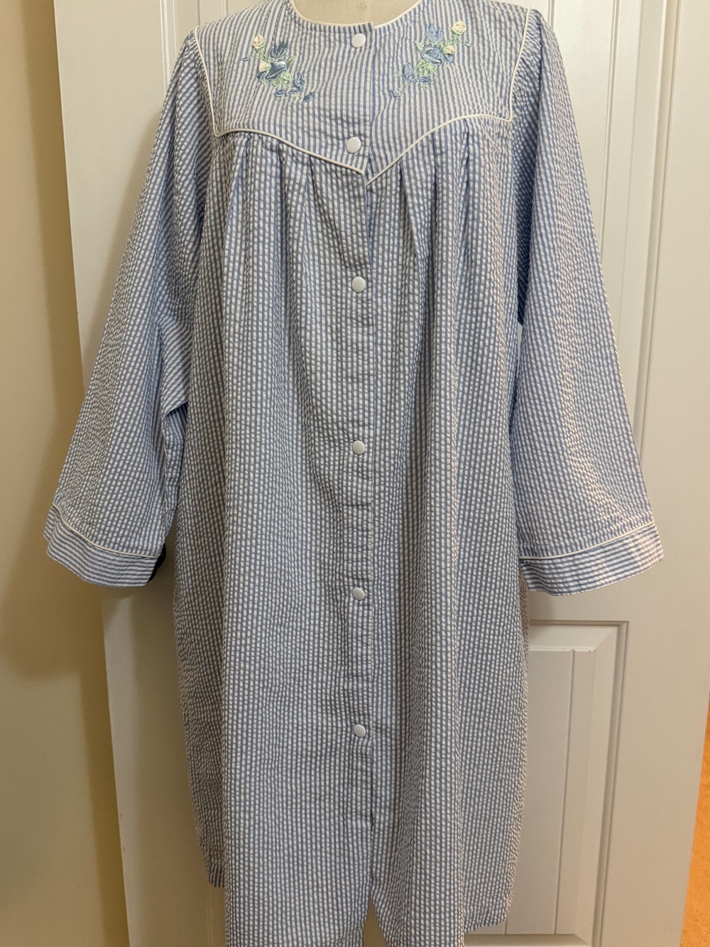 Collette by Miss Elaine Blue & White Striped House Robe with Floral Yoke XL